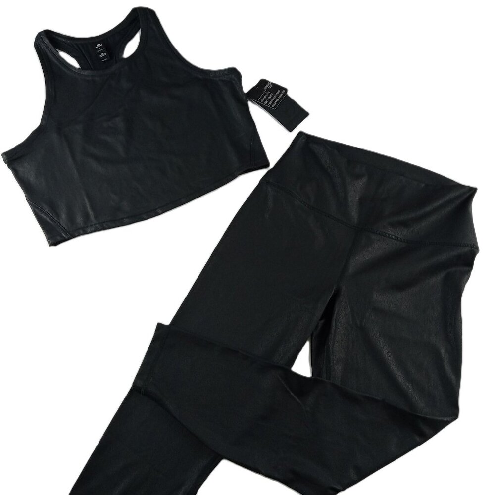90 Degree by Reflex Crop Top and Leggings Set Women's Size L Dark Fresco Black